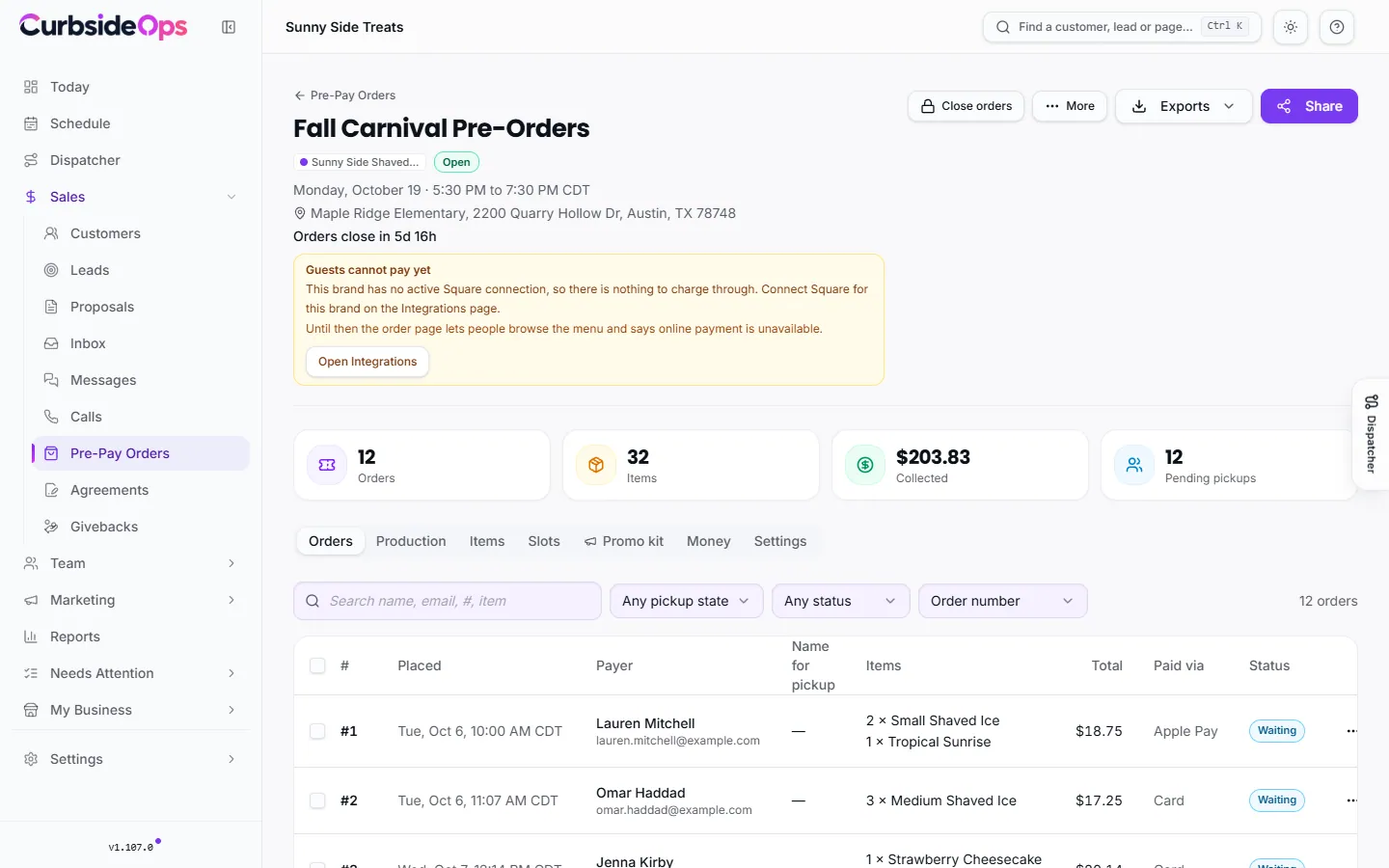 An event's pre-pay board with order counts, amount collected and the list of orders with their pickup status