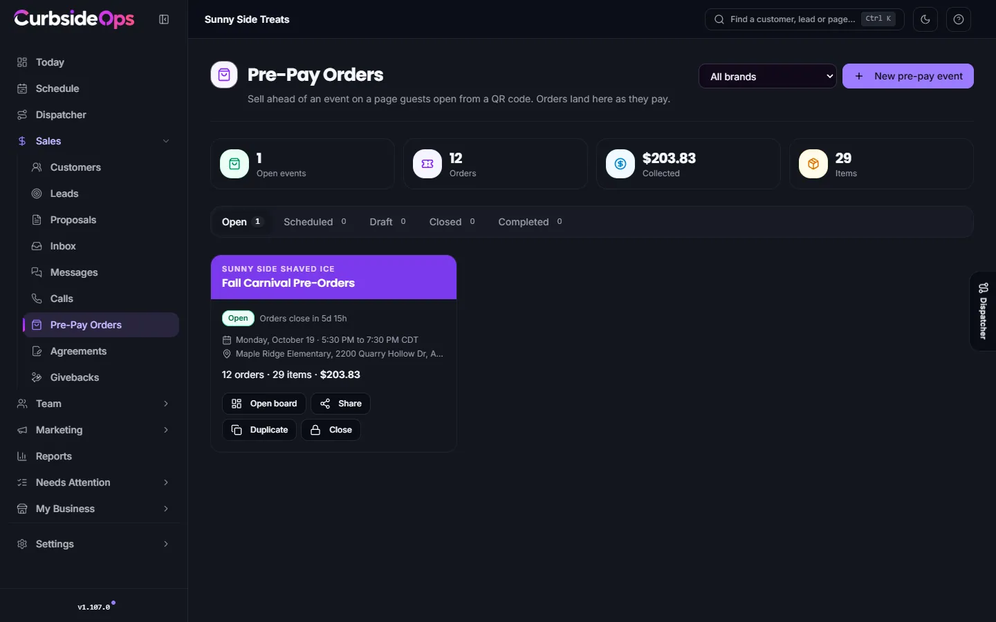 The Pre-Pay Orders page listing events with their order window, orders and amount collected