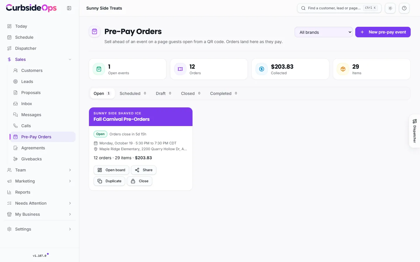 The Pre-Pay Orders page listing events with their order window, orders and amount collected