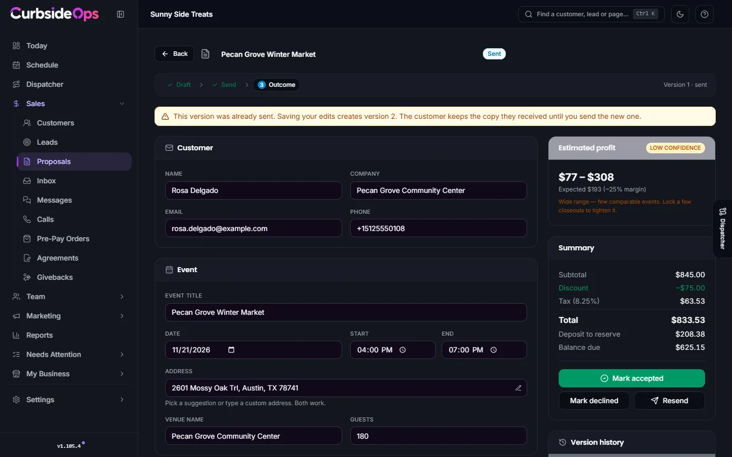A proposal being edited, with customer and event details, line items, pricing terms and the summary with deposit and balance due