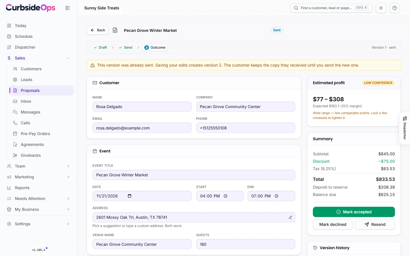 A proposal being edited, with customer and event details, line items, pricing terms and the summary with deposit and balance due