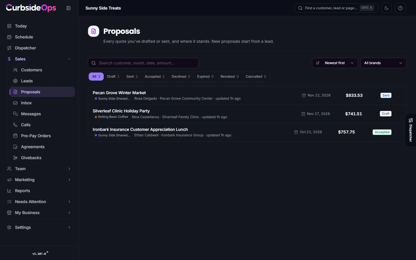 The Proposals page listing quotes with their customer, event date, amount and status