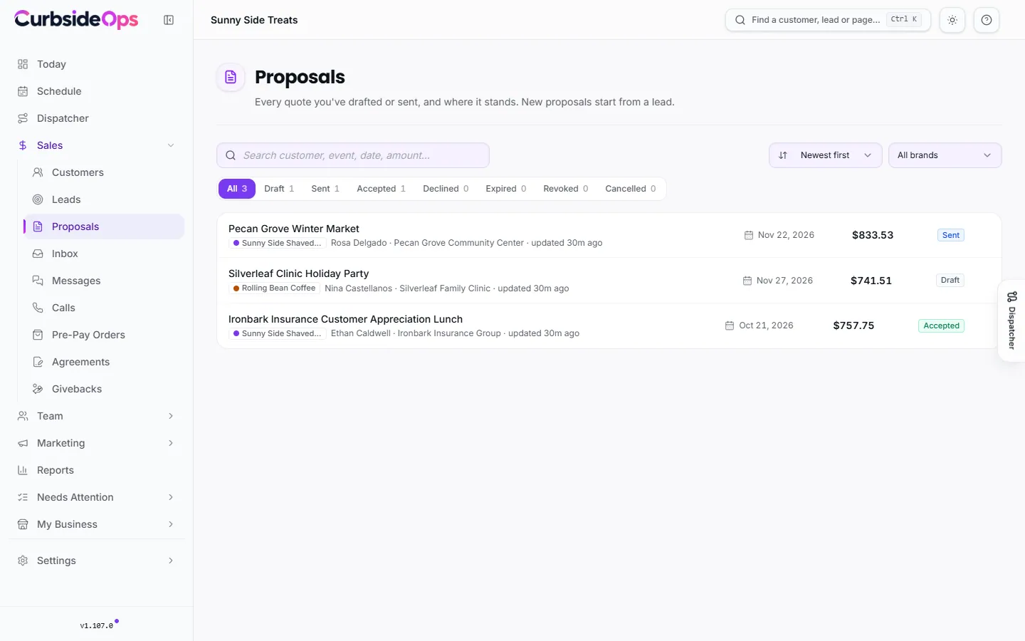 The Proposals page listing quotes with their customer, event date, amount and status
