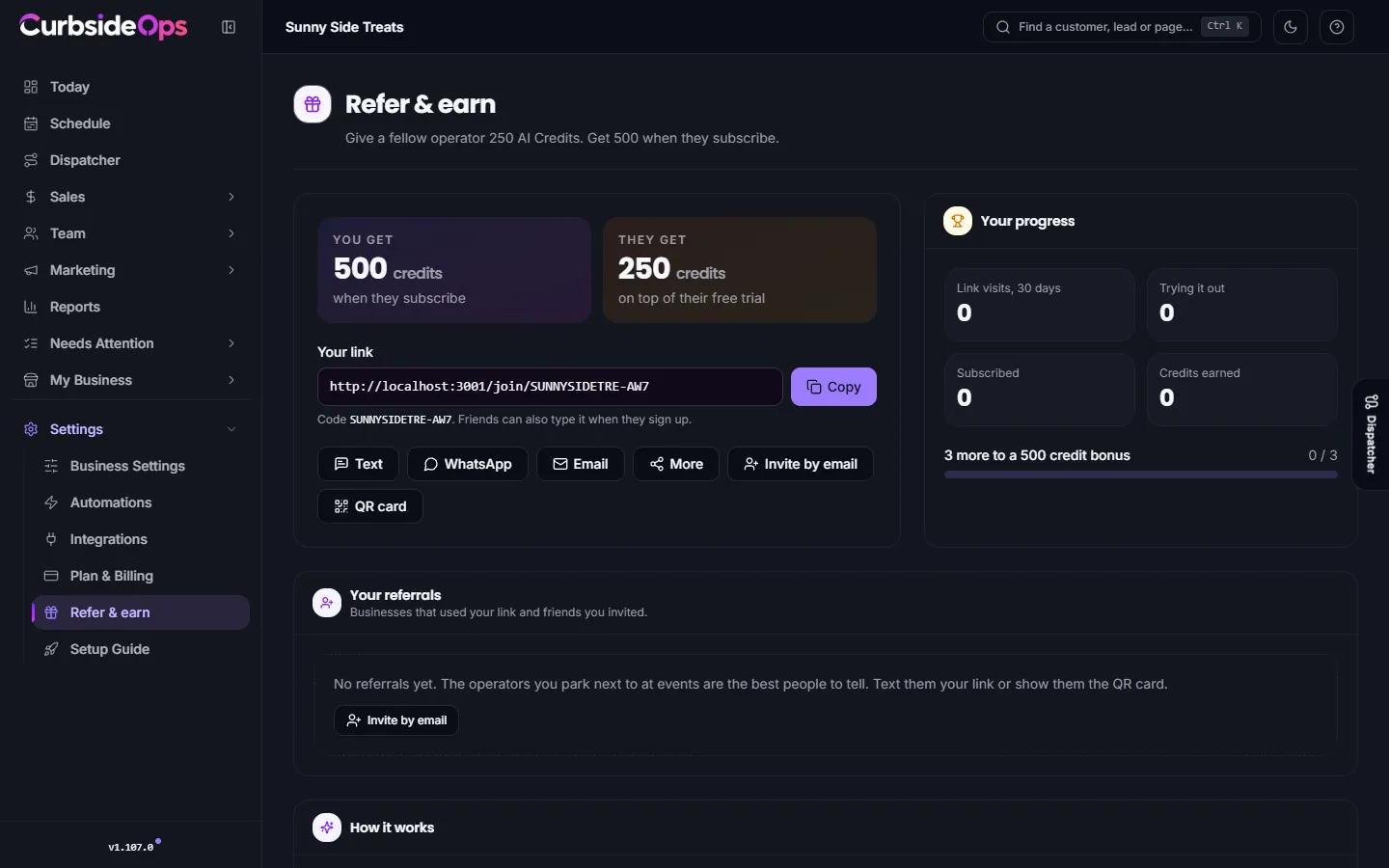 The Refer and earn page with your share link, the credits each side gets, your progress and your referrals