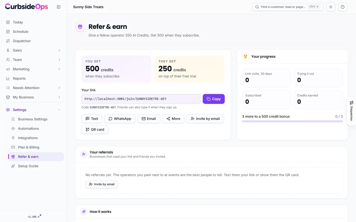 The Refer and earn page with your share link, the credits each side gets, your progress and your referrals