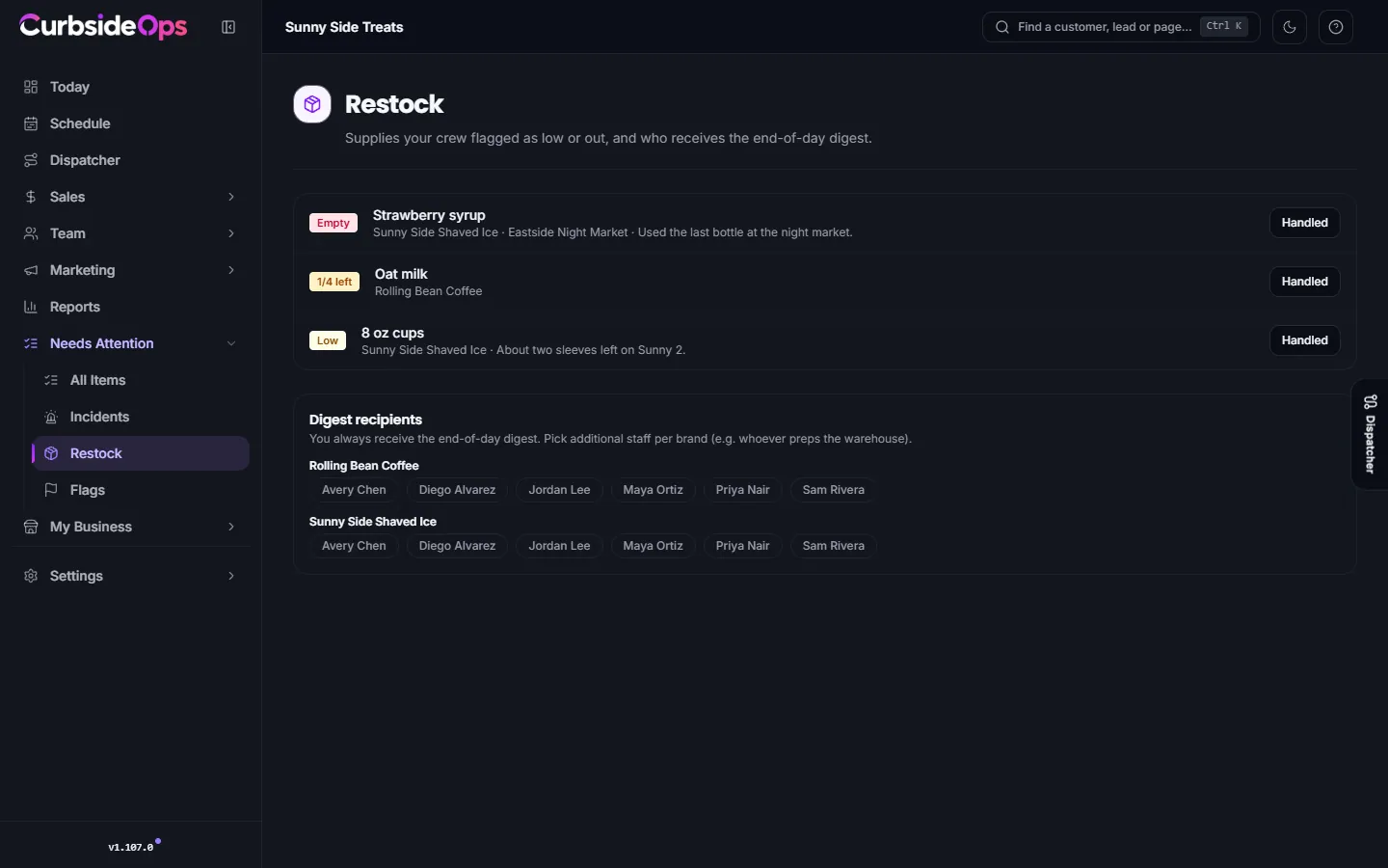 The Restock page, listing supplies reported low or empty with their brand and event, and the digest recipients per brand