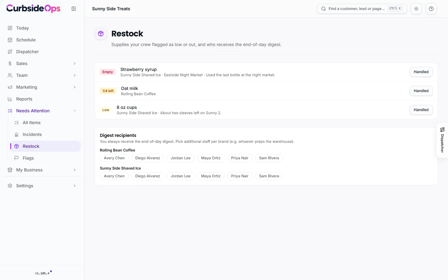 The Restock page, listing supplies reported low or empty with their brand and event, and the digest recipients per brand