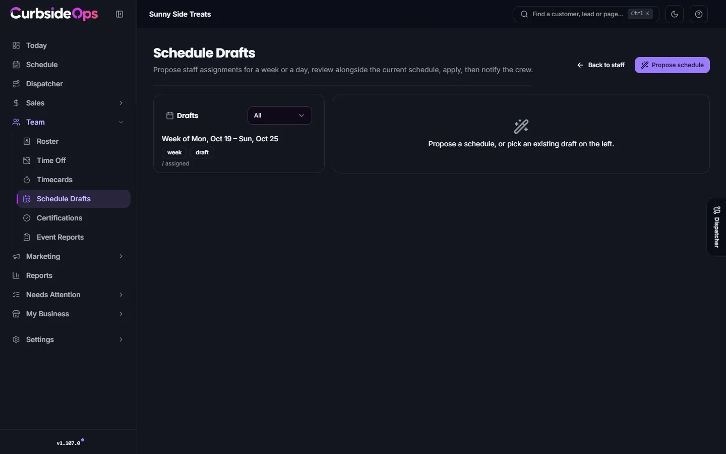 The Schedule Drafts page with a list of drafts on the left and a proposed week of assignments grouped by day and truck on the right