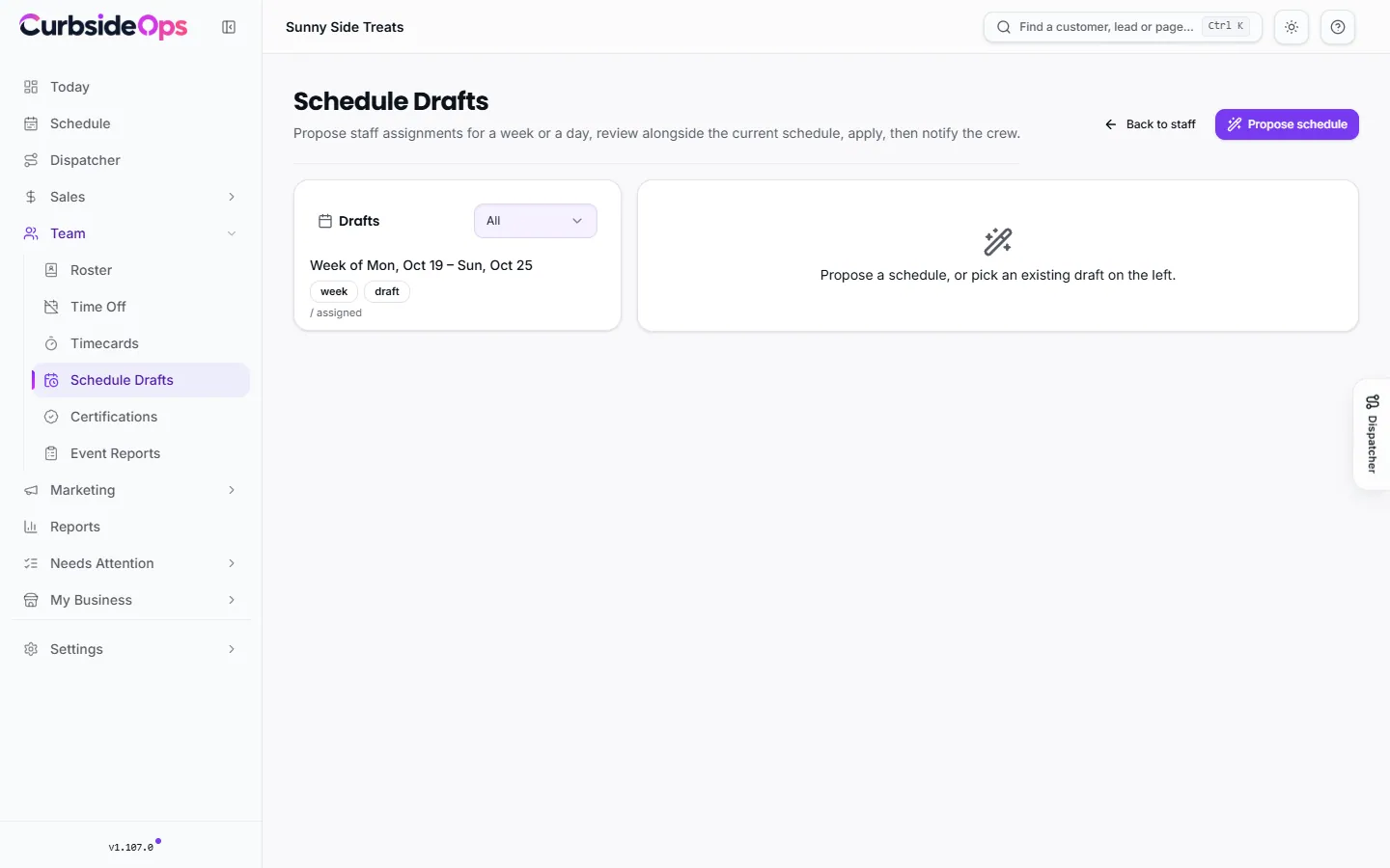 The Schedule Drafts page with a list of drafts on the left and a proposed week of assignments grouped by day and truck on the right