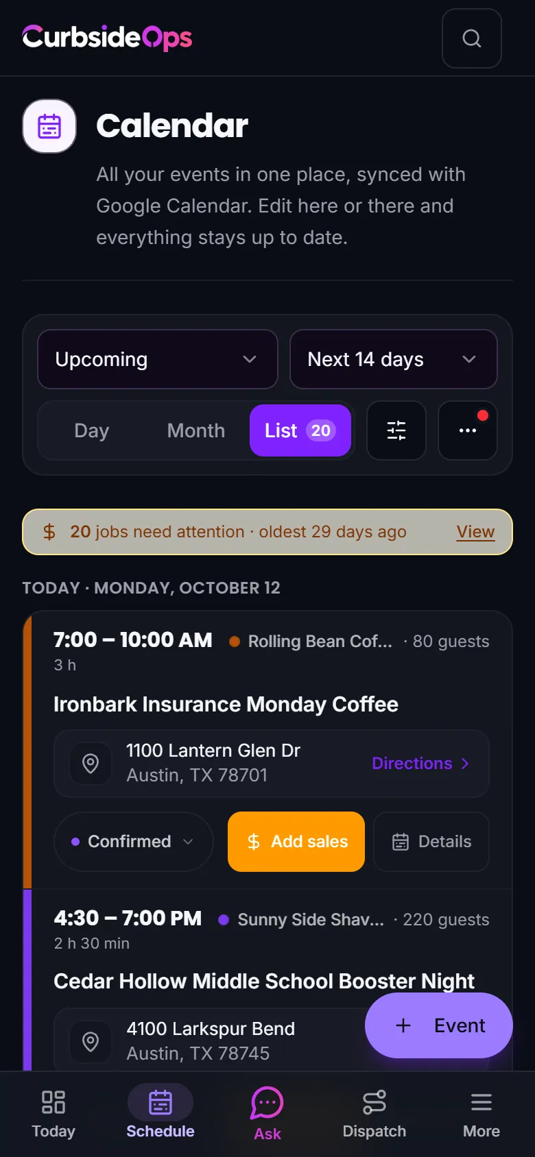 The Schedule page on a phone, showing the compact toolbar and the day's events