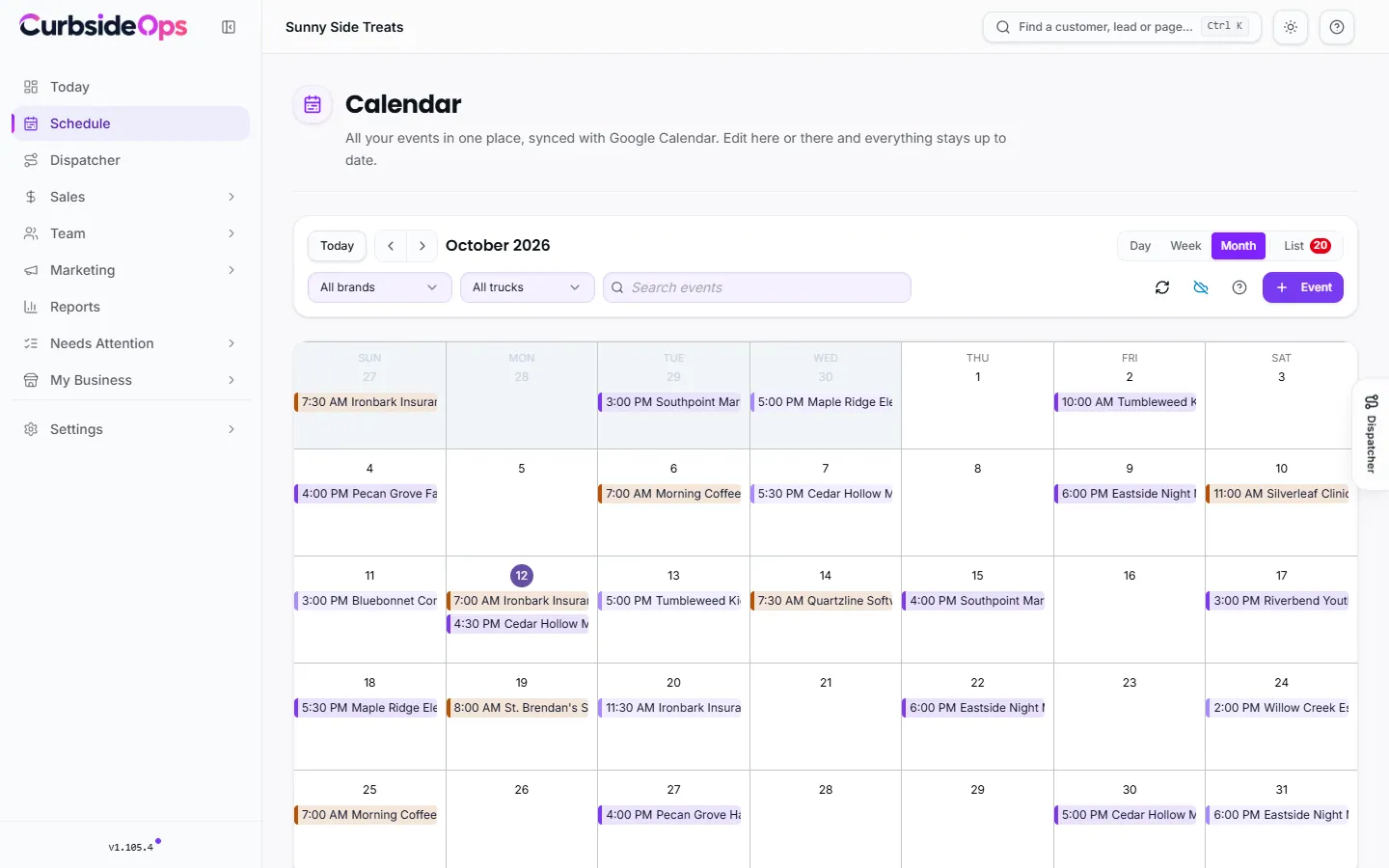The Schedule page in week view, with events colored by truck and the toolbar filters above the grid