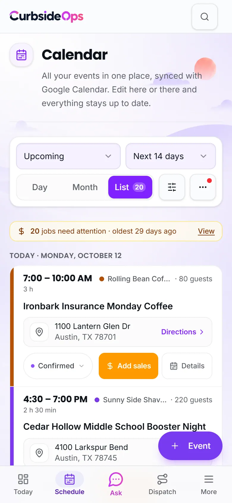 The Schedule page on a phone, showing the compact toolbar and the day's events