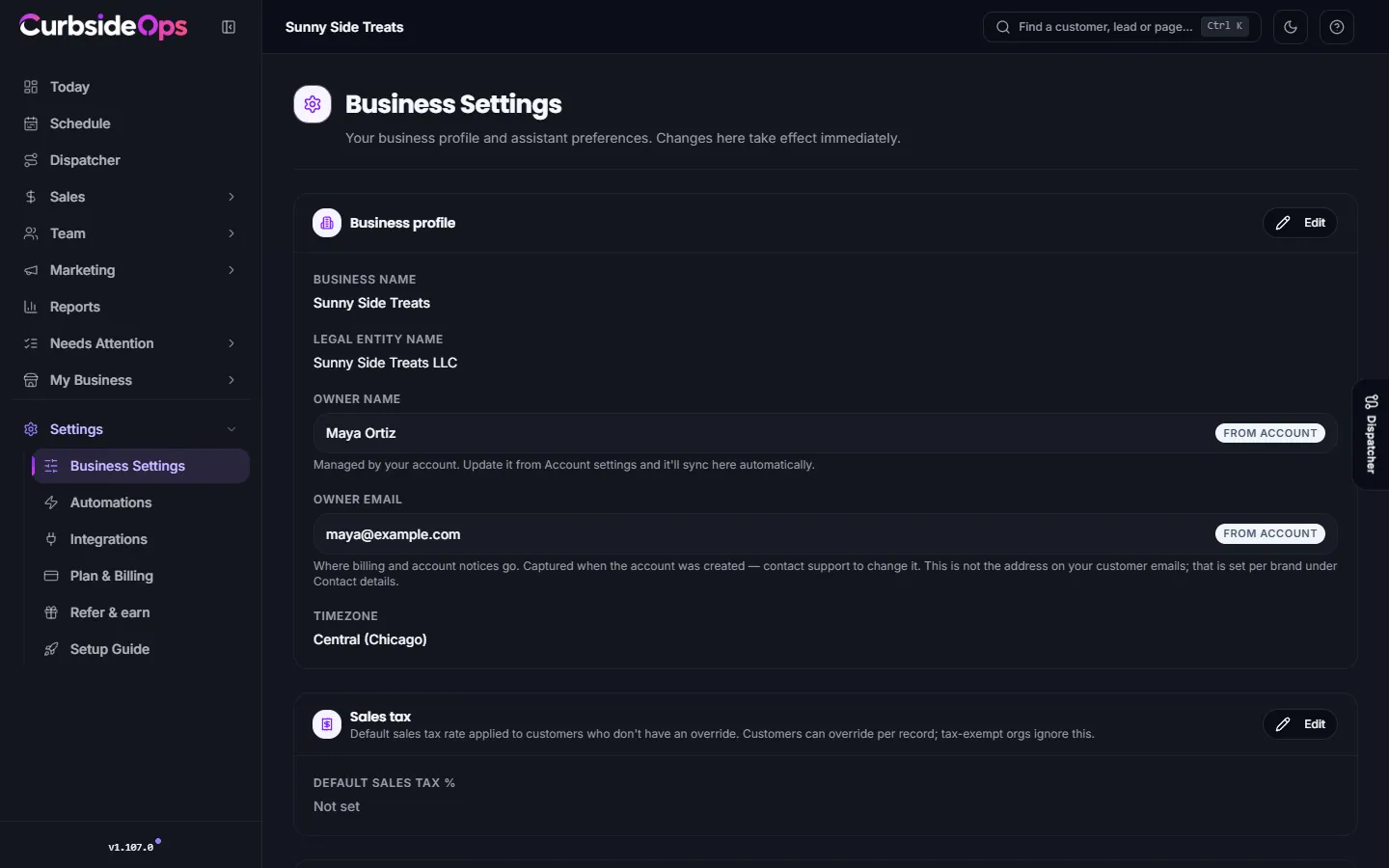 The Business Settings page with the Business profile, Sales tax and Organization categories cards