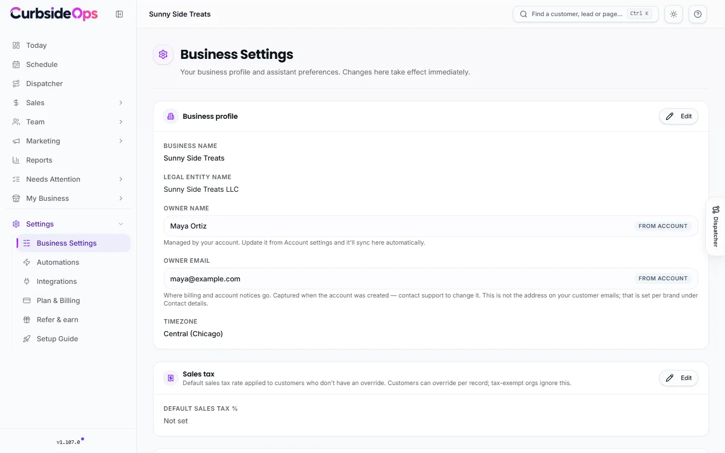 The Business Settings page with the Business profile, Sales tax and Organization categories cards