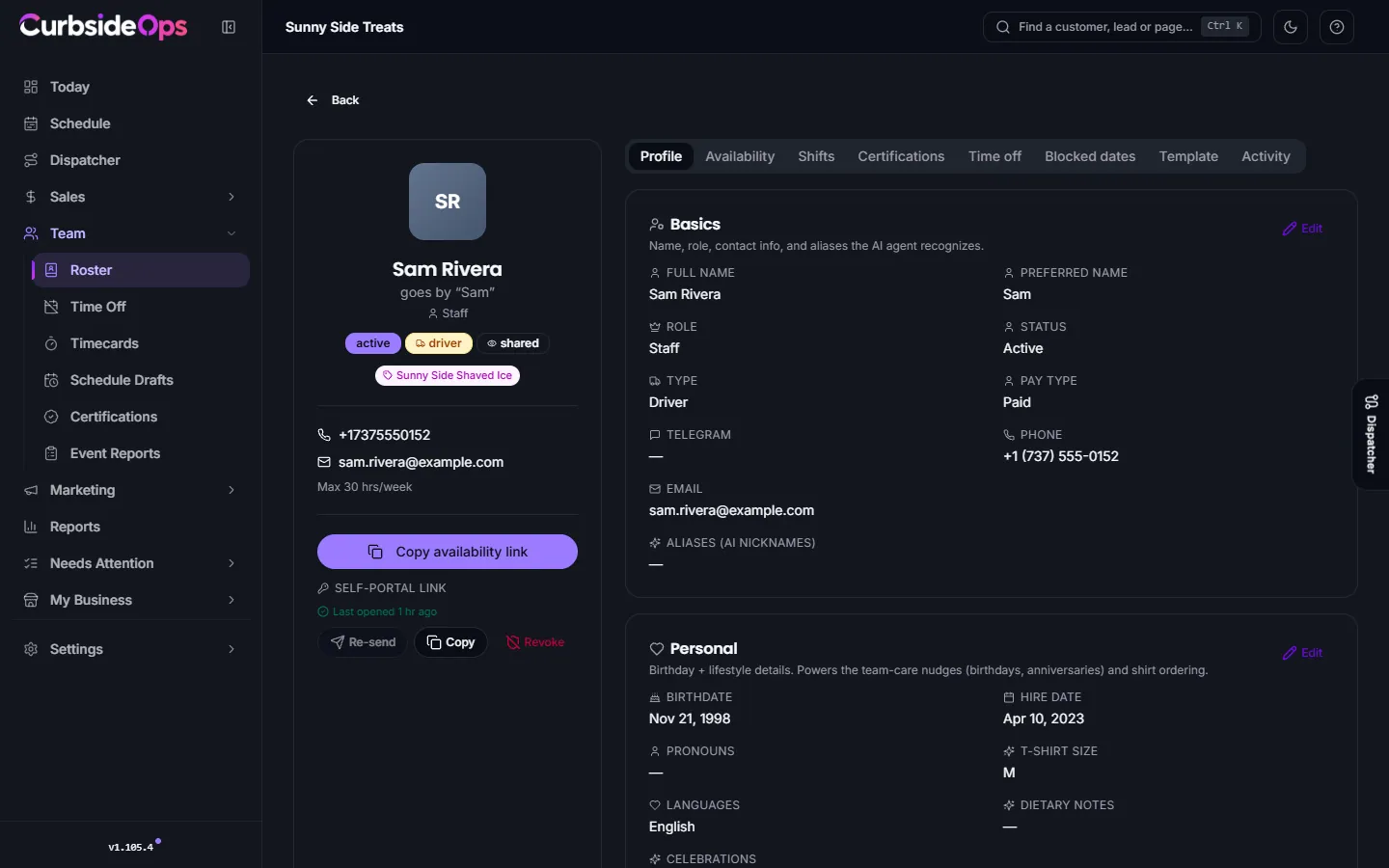 A staff member's profile page with tabs for profile, availability, shifts, certifications, time off, blocked dates, template and activity