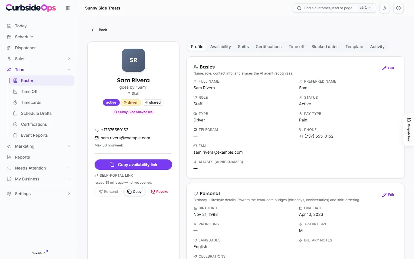 A staff member's profile page with tabs for profile, availability, shifts, certifications, time off, blocked dates, template and activity