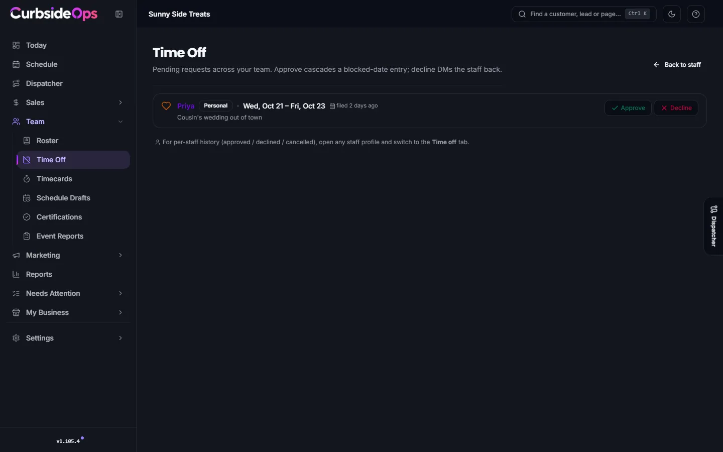The Time Off page listing pending requests with the staff member, kind of leave, dates and Approve and Decline buttons