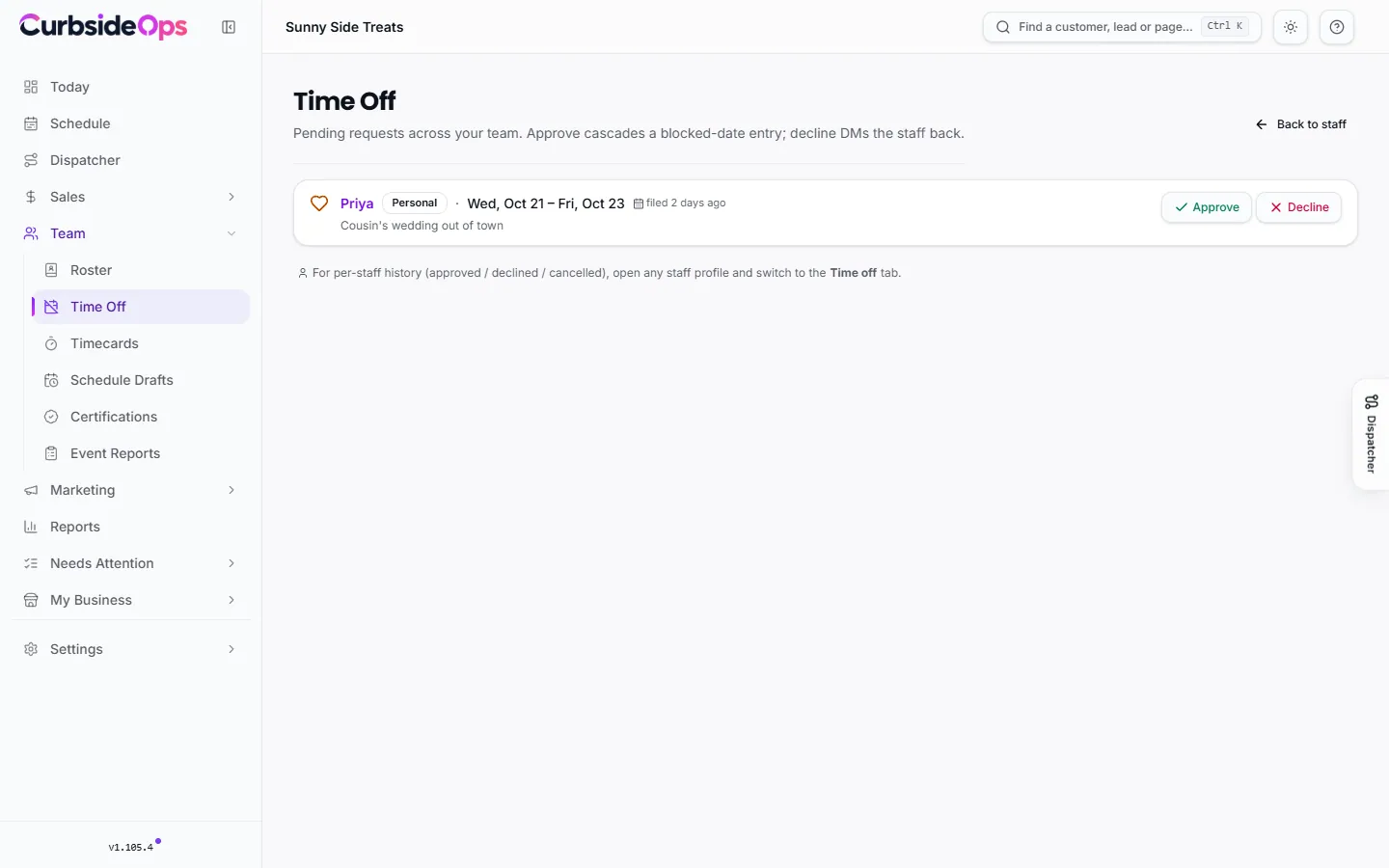 The Time Off page listing pending requests with the staff member, kind of leave, dates and Approve and Decline buttons