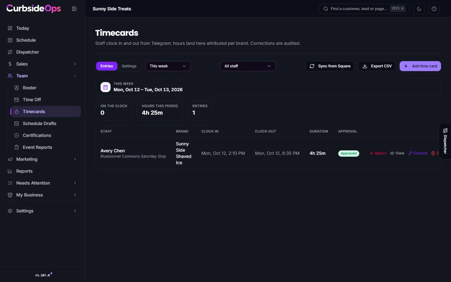 The Timecards page with who is on the clock, hours this period and a list of time entries with brand, clock in, clock out, duration and approval