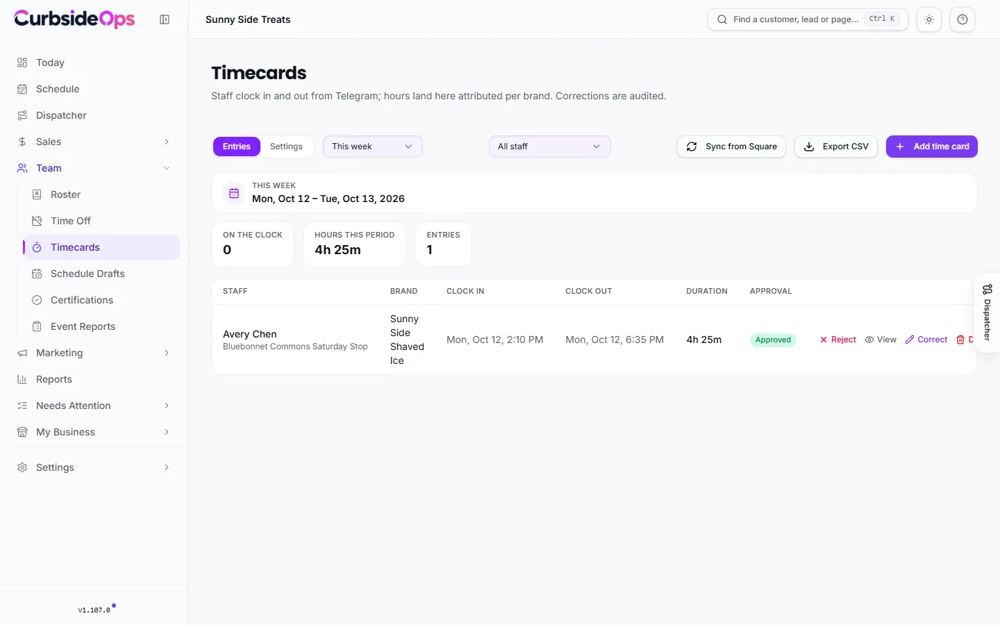 The Timecards page with who is on the clock, hours this period and a list of time entries with brand, clock in, clock out, duration and approval