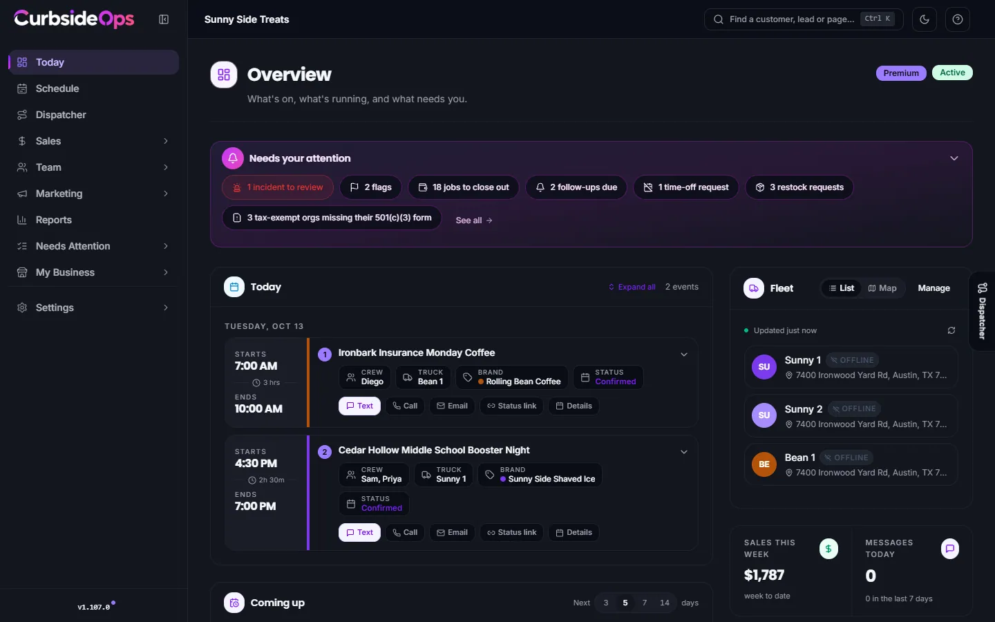 The Overview page: the Needs your attention panel, today's events with their live status, the Coming up list and the Fleet card