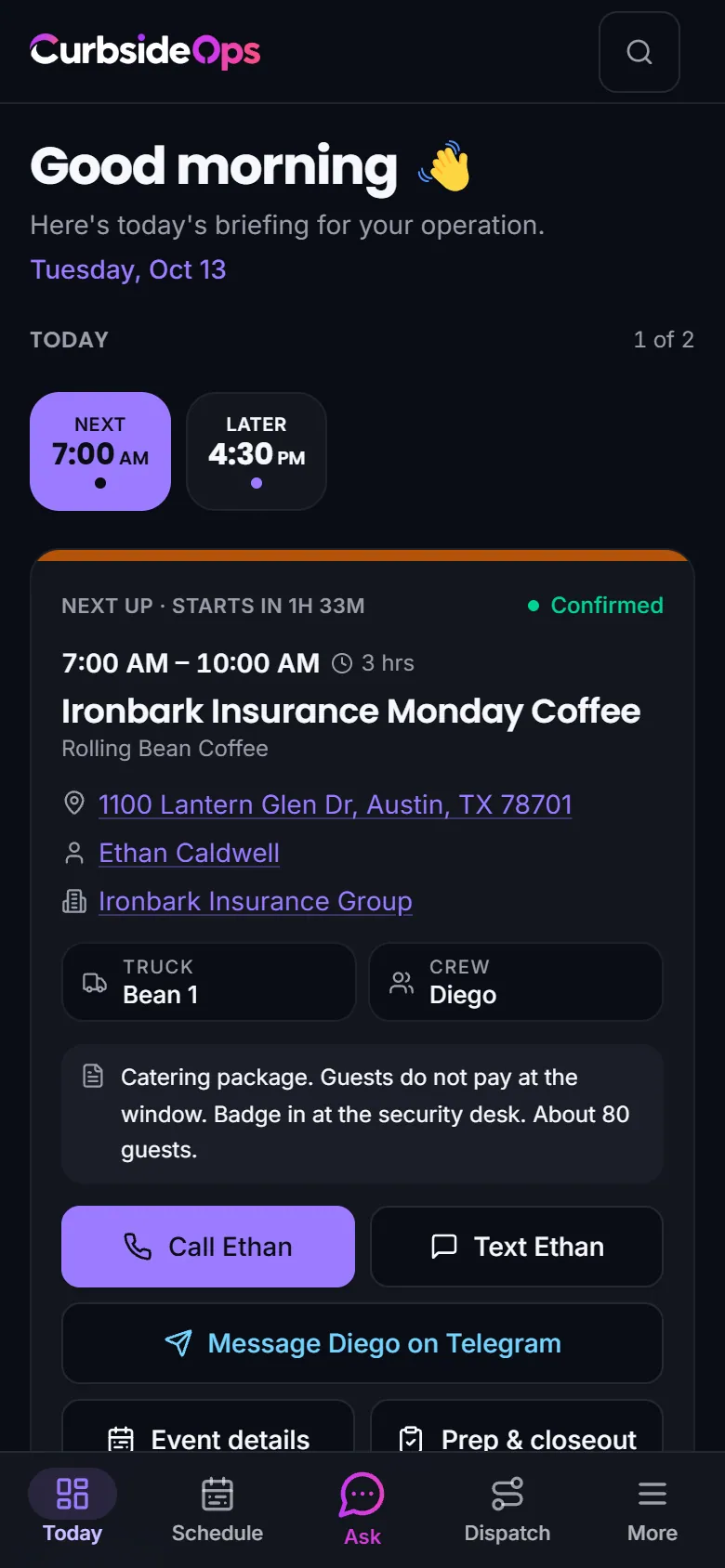 Today on a phone: a good-morning greeting, today's date and a swipeable card for the next event