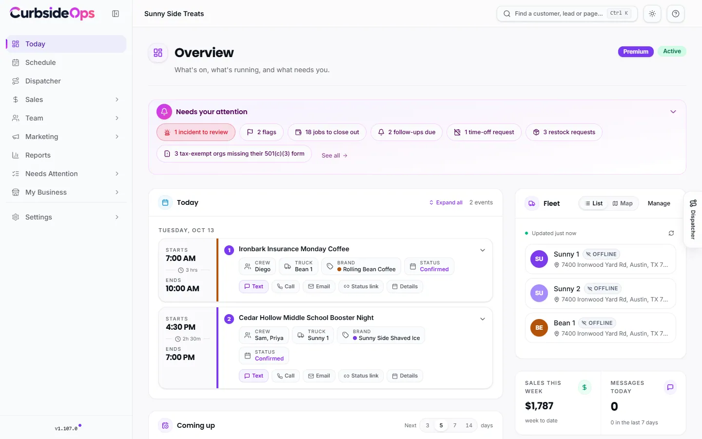 The Overview page: the Needs your attention panel, today's events with their live status, the Coming up list and the Fleet card