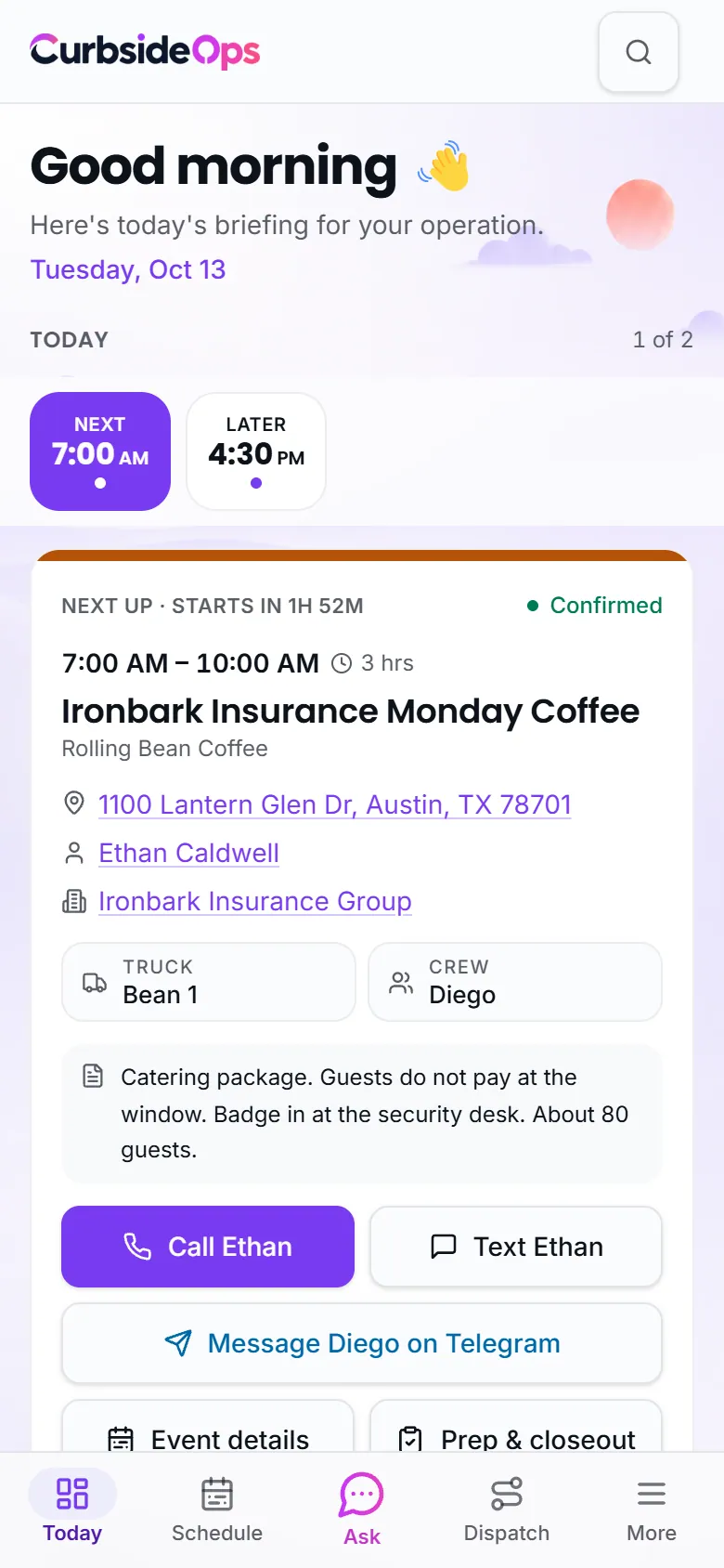 Today on a phone: a good-morning greeting, today's date and a swipeable card for the next event