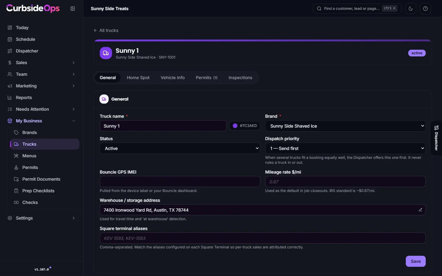 A truck's detail page on the General tab with name, brand, status, dispatch priority and warehouse fields