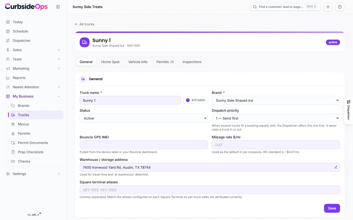 A truck's detail page on the General tab with name, brand, status, dispatch priority and warehouse fields