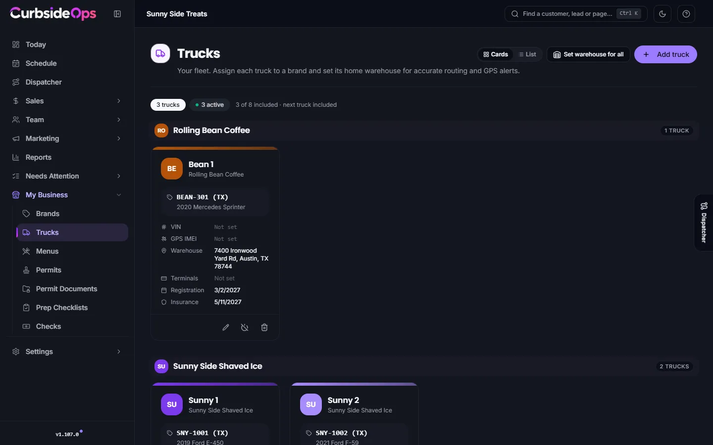 The Trucks page listing each truck with its brand, warehouse, GPS and document status