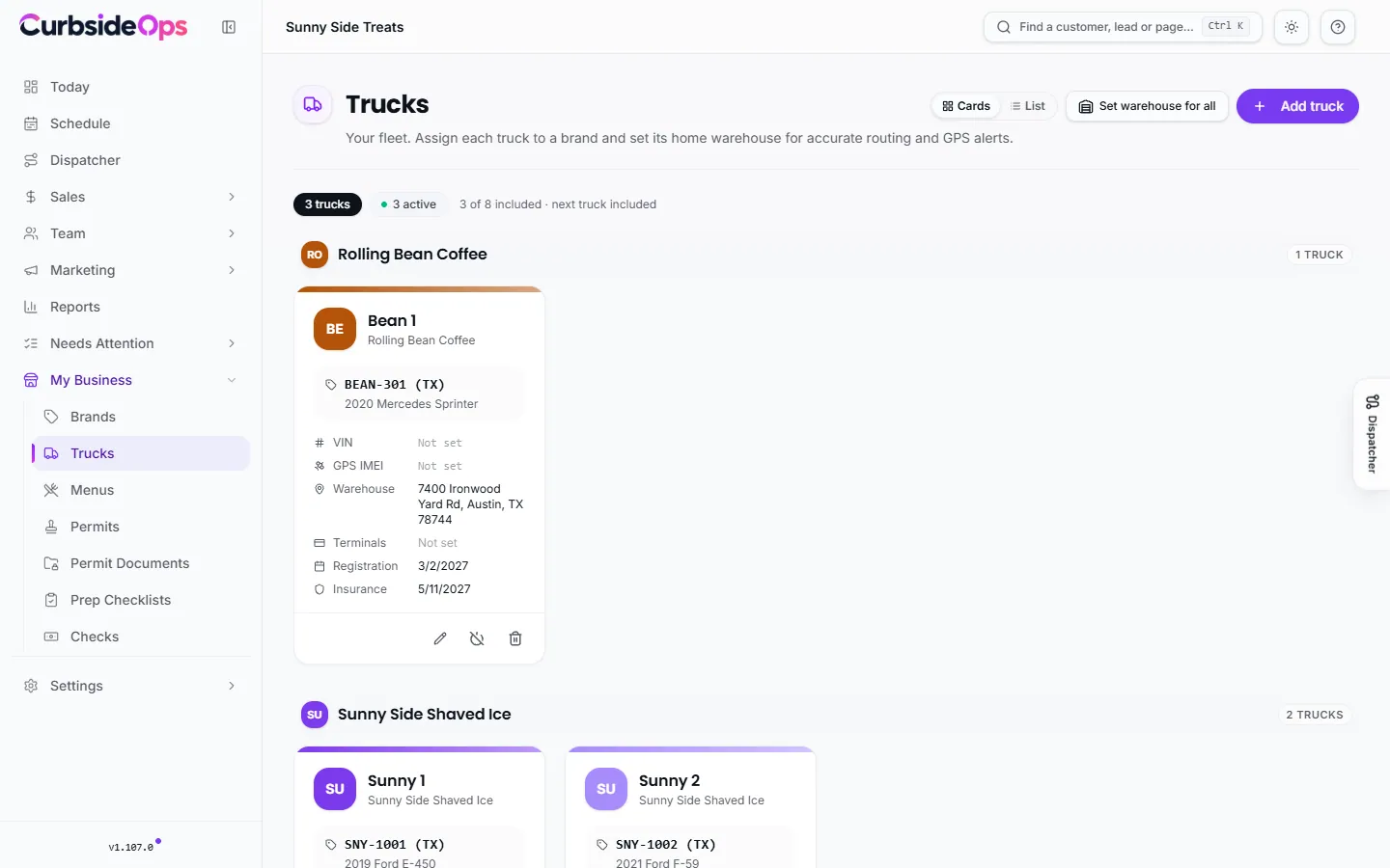 The Trucks page listing each truck with its brand, warehouse, GPS and document status